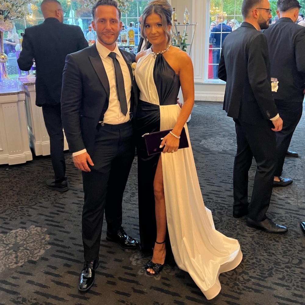Black & White Halter Gown with High Slit – Elegant Formal Evening Dress